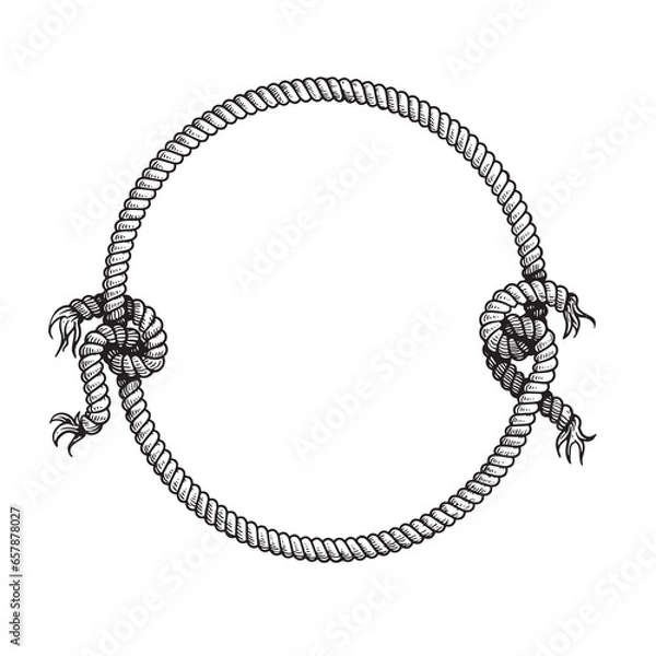 Fototapeta Hand drawn circle rope frame with free style nodes. Sketch nautical design element. Best for marine and western designs. Vector illustration isolated on white.