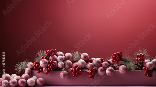Fototapeta Christmas banner with Christmas bauble decorations on a red background, copy space, Generative AI