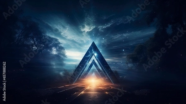 Fototapeta Abstract futuristic neon landscape, light round triangle in the center. Generation AI