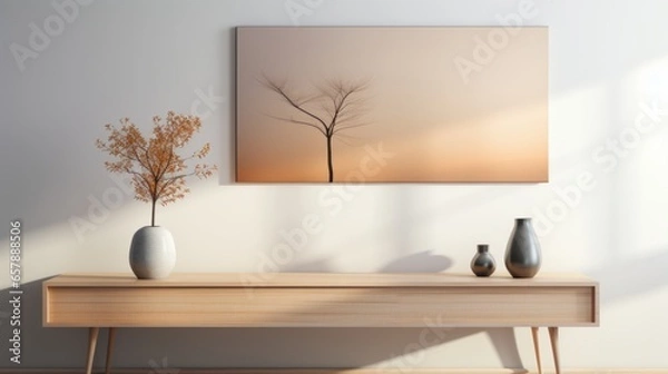 Fototapeta Wooden Desk Featuring a Plant in a Vase, Captured in the Style of Luminous Soft Focus