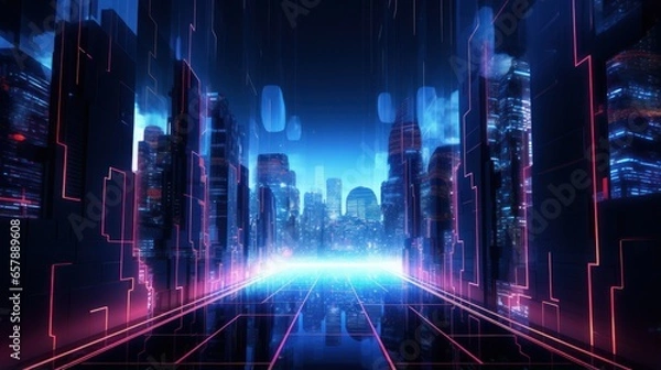 Fototapeta Neon infused abstract background with technology particles, capturing the essence of a futuristic, cyberpunk inspired cityscape