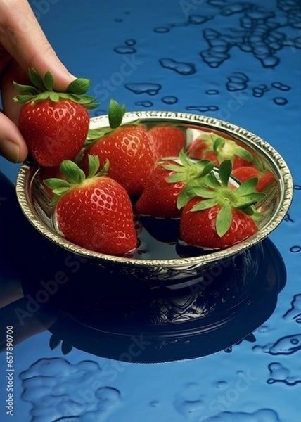 Obraz A bowl of fresh strawberries, a hand grabbing a strawberry from a bowl