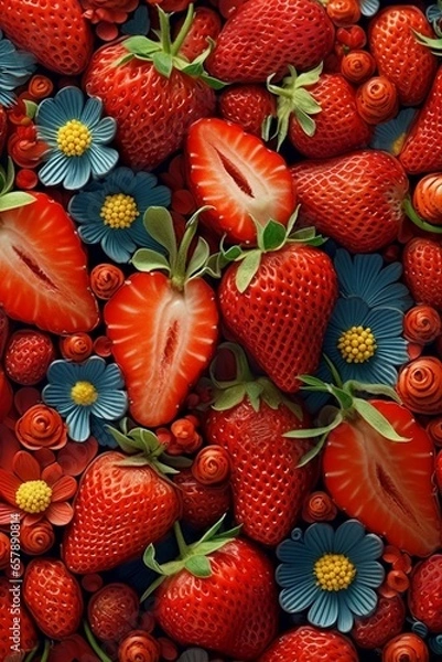 Obraz Strawberries on a market, beautiful flowers in between