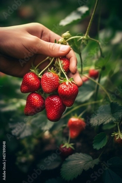 Obraz A hand harvesting strawberries from the plant, a hand grabbing strawberries
