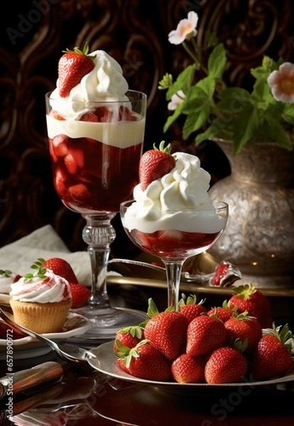 Obraz strawberries and cream, a wonderful dessert from strawberries and cream in a cup, sided with fresh strawberries