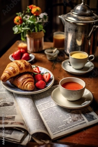 Obraz French breakfast with coffe, strawberries, croissants and a cup of tea while reading the newpaper