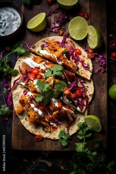 Obraz Sliced lamacun with baked fish, fish taco, fish burrito with vegetables and sauce