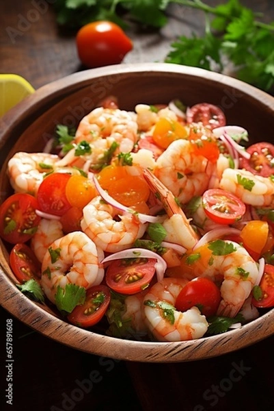 Obraz Fried shrimps with carrots, onions, tomatoes and peppers served in a bowl