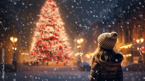 Fototapeta Little Girl Looking at a Christmas Tree, Enveloped in the Atmosphere of Holiday Magic