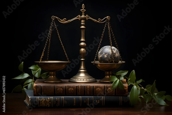 Fototapeta International Law and Environment Law. Green World and gavel with scales of justice and books. law for global economic regulation aligned with the principles of sustainable environmental conservation.