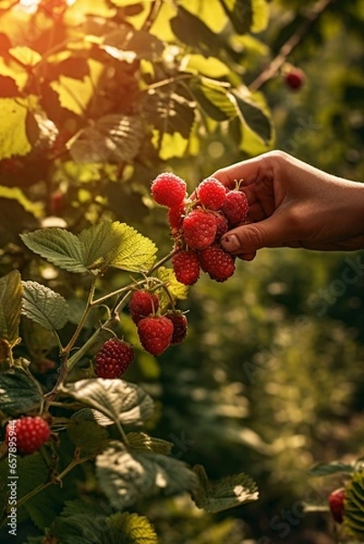 Obraz Fresh raspberries getting harvested from the raspberry bush