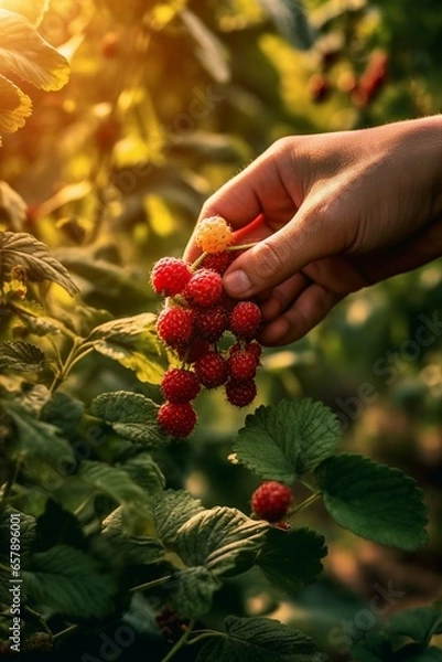 Obraz Ripe raspberries getting harvested