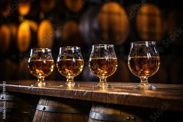 Fototapeta Wooden table in a Wine Cellar with alcoholic drinks indoors. Background with selective focus and copy space