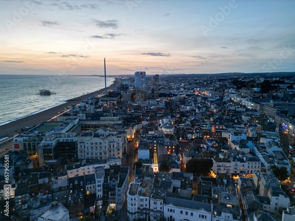 Obraz Brighton Sea front Beach  early evening Aerial View Drone Shot