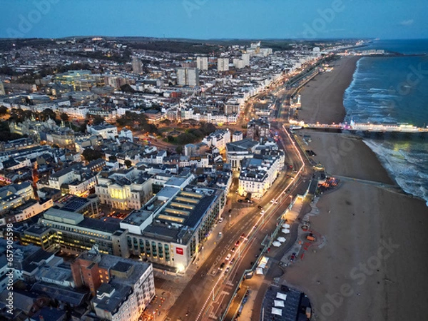Obraz Brighton Sea front Beach  early evening Aerial View Drone Shot