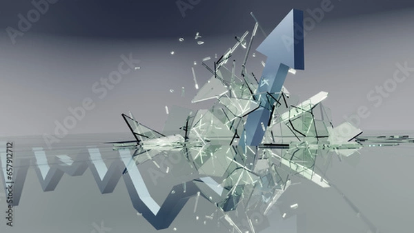 Obraz 3d render of a line graph with end arrow protruding through broken glass, signifying a record high values.
