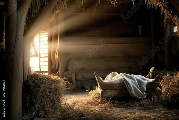 Fototapeta Jesus Christ was born in a humble stable in Bethlehem. The manger is a symbol of His humble and modest beginnings as the Savior of Christianity. (AR 3:2)