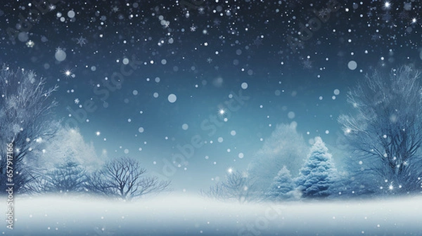 Fototapeta Snowy background with snowflakes and pine trees. Christmas decoration.
