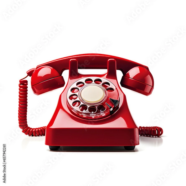 Fototapeta An old fashioned red rotary phone isolated on a white background. Generative ai. 