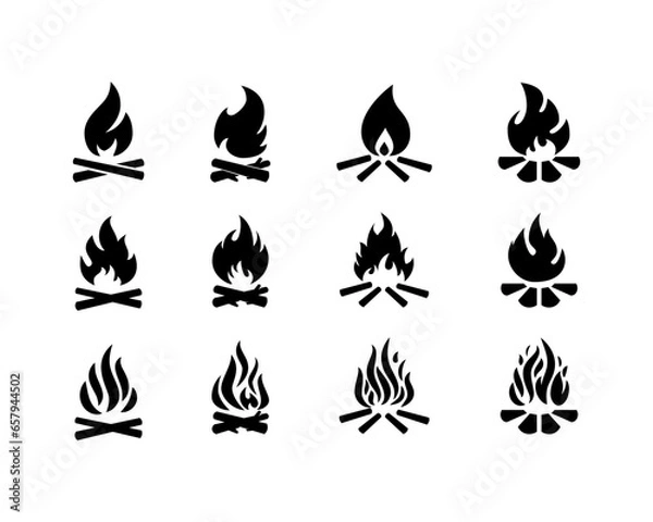 Obraz Campfire hand drawn vector illustration, retro style logo. Crossed logs and cartoon fire flame.