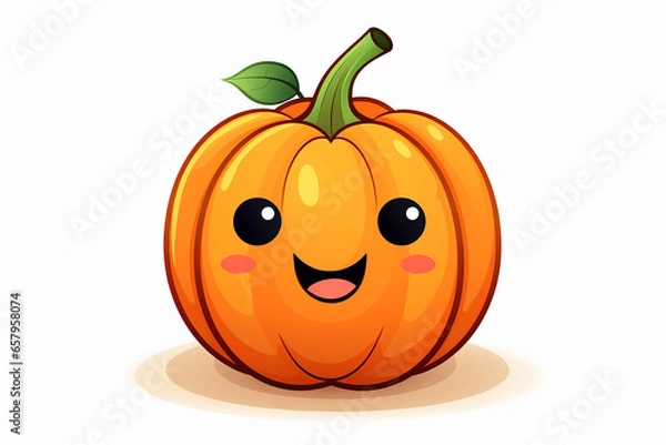 Fototapeta cute kawaii scary smiling pumpkin on white background for halloween, generative AI