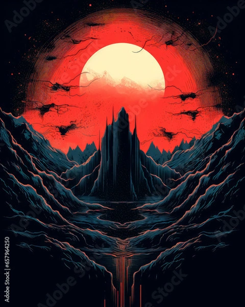 Fototapeta Illustration of an earth in the sun surrounded by mountains covered in  red colored fog, linear illustrations, distorted perspective, dark and intricate, poster for the apocalypse.

