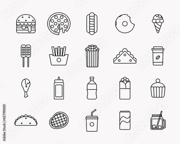Fototapeta 20 vector food and drinks icon in outline style. Perfect for use element design brochure, UI App, etc. 