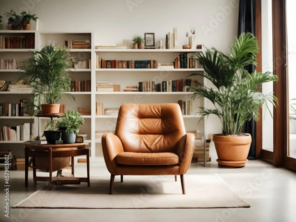 Fototapeta modern library with cozy armchair and book shelves with books arranged in room with potted plant