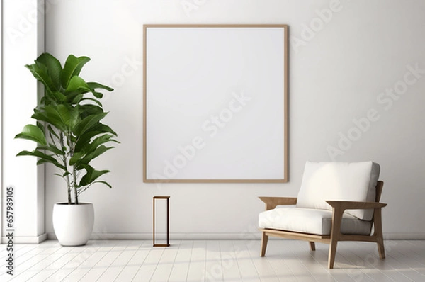 Fototapeta Stylish minimalistic 3d interior with mockup painting on the wall. Interior with an armchair and a plant