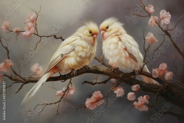 Fototapeta Two lovebirds perch, feathers entwined, heart's harmony, affection on branches.