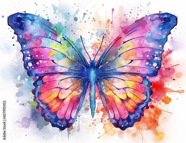Obraz Vibrant Serenity: A Colorful Butterfly Amidst a Watercolor Splash,butterfly on white background,Colorful Butterfly Realistic Illustration