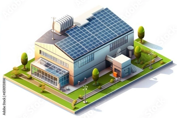 Obraz Isometric ecology small factory manufacture building with solar cell on roof for save energy system for modern industrial applications, white background.