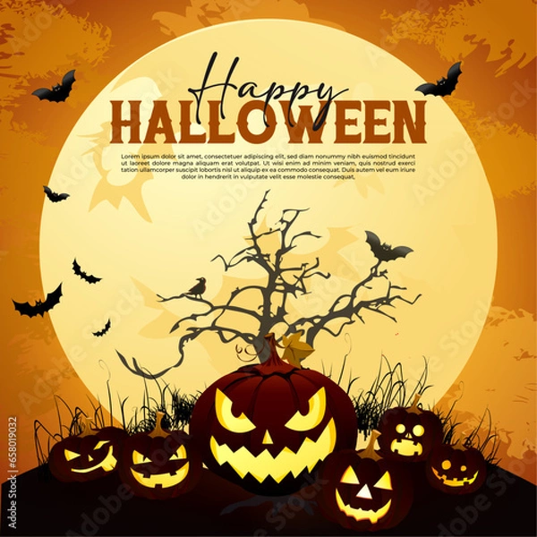 Fototapeta Happy Halloween post  background with pumpkin and bats