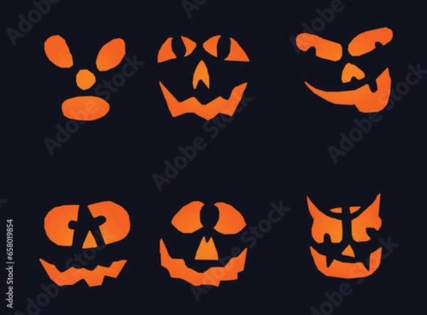 Fototapeta Vector scary and funny halloween pumpkin faces and grimaces. ghost silhouette. vector illustration isolated