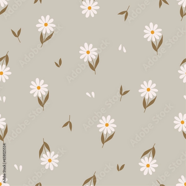 Fototapeta Cute simple daisies seamless pattern. Hand drawn small flowers. Botanical vector background in Liberty style. Floral vector print. Nice neutral design for fabric, T-shirt, baby shower, packaging.