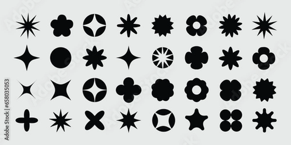 Fototapeta Brutalist Shapes. Geometric abstract shapes and grid forms. Bauhaus minimalist graphic design elements. Y2K Vector Signs.  Star and flower basic and other primitive elements. Swiss design aesthetic