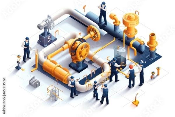Obraz Valves and Piping technicians engineering checking service maintenance plumbers working together, Isometric with white background.