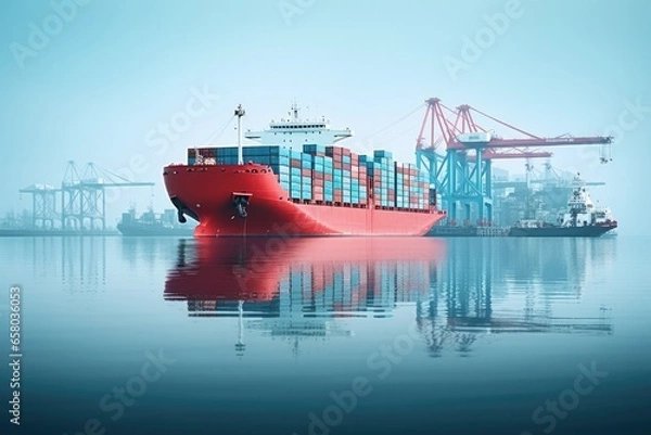 Obraz Cargo ship carrying container and running for export goods from cargo yard port to custom ocean. Freight Forwarding Service.