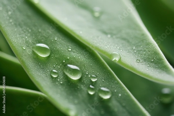 Obraz Macro extreme close-up shot of sage green plant with gel and water. Abstract natural background 