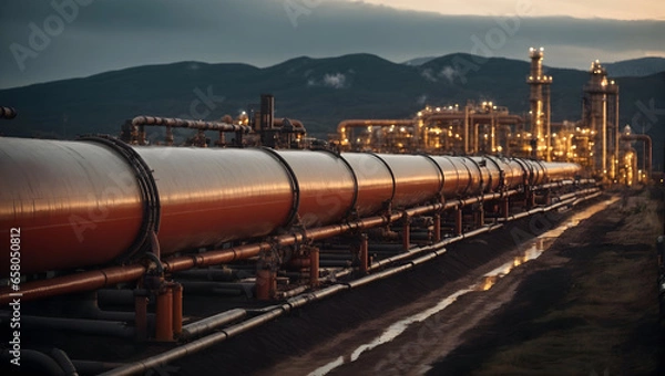 Obraz Interior of modern industrial boiler room with large metal tanks and pipes at industry factory.