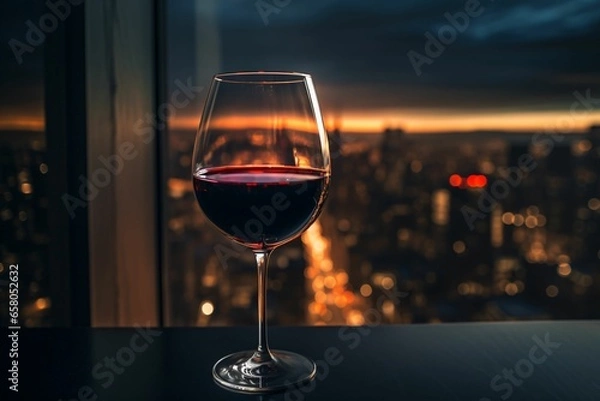 Obraz a glass of red wine elegantly poised on a windowsill, the cityscape lights twinkling through the rich, dark liquid
