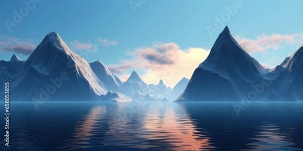 Fototapeta 3d render, fantasy landscape panorama with mountains reflecting in the water. Abstract background. Spiritual zen wallpaper with skyline, Generative AI