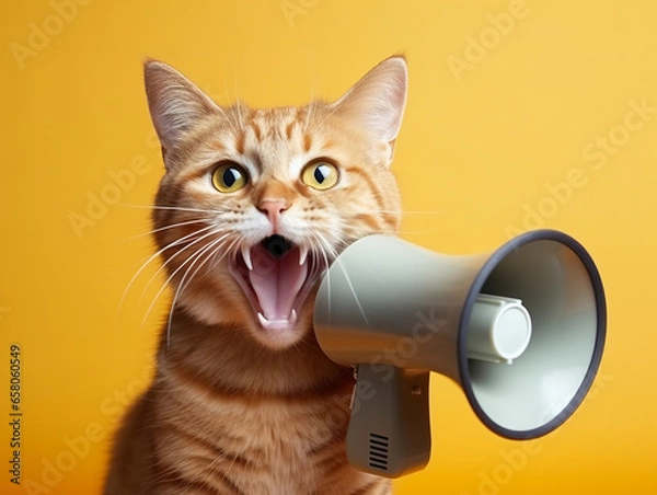 Fototapeta A funny ginger cat holds a yellow loudspeaker in its paws and screams on a yellow background - creative idea. Business and management concept. Increased traffic, advertising and attention