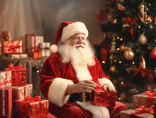 Fototapeta Santa Claus in glasses sits in his workshop and packs New Year's gifts with a smile against the backdrop of a decorated New Year's tree.