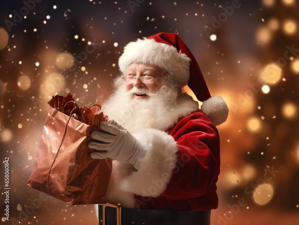 Fototapeta Santa Claus in glasses stands on the street laughing and smiling with a gift in his hands and dreams, snowflakes are flying around and it is snowing.