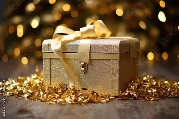 Fototapeta elegant golden box overflowing with tinsel