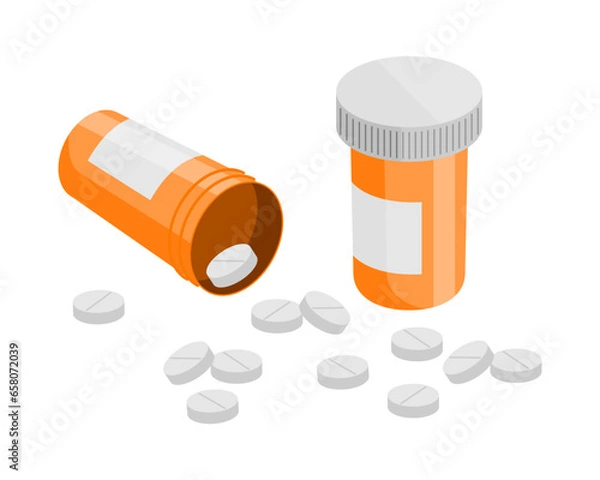 Fototapeta Pill bottles and pills. Open plastic pills tube with cap. Meds pills lying down. Drug medication, supplements and medicament. Realistic flat style vector medicine object illustration