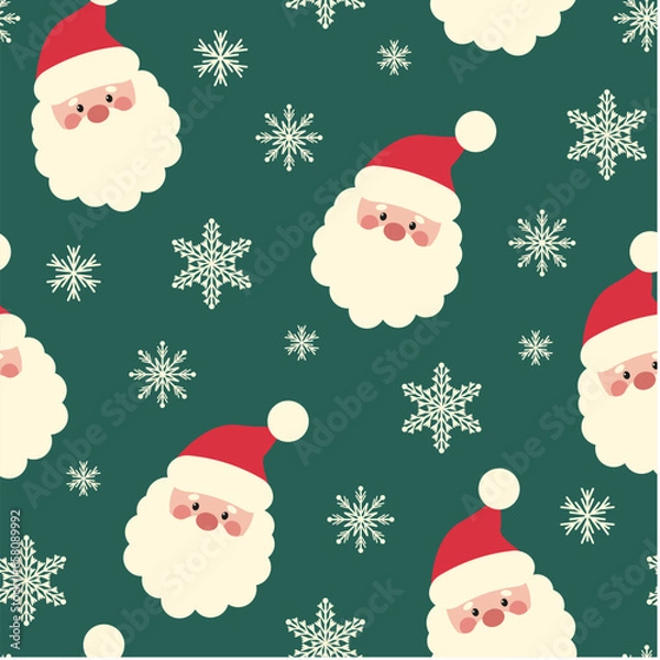 Fototapeta Christmas seamless pattern with cute Santa Claus and snowflakes on a green background. Vector design template. Happy New Year pattern. Season greeting.