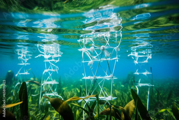 Fototapeta An underwater shot of 3D printed structures aiding the regrowth of seagrass capturing hope for marine restoration 