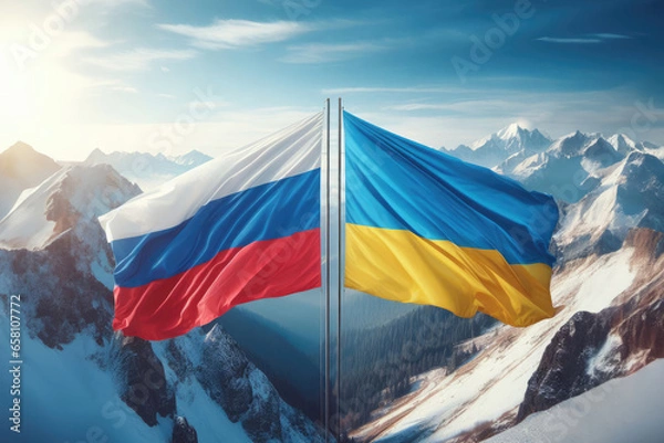 Fototapeta Russia and Ukraine flag waving in the wind against snowy mountains under blue sky. Created with Generative AI tools